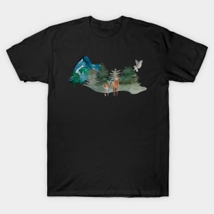 watercolor landscape with deers and owl T-Shirt